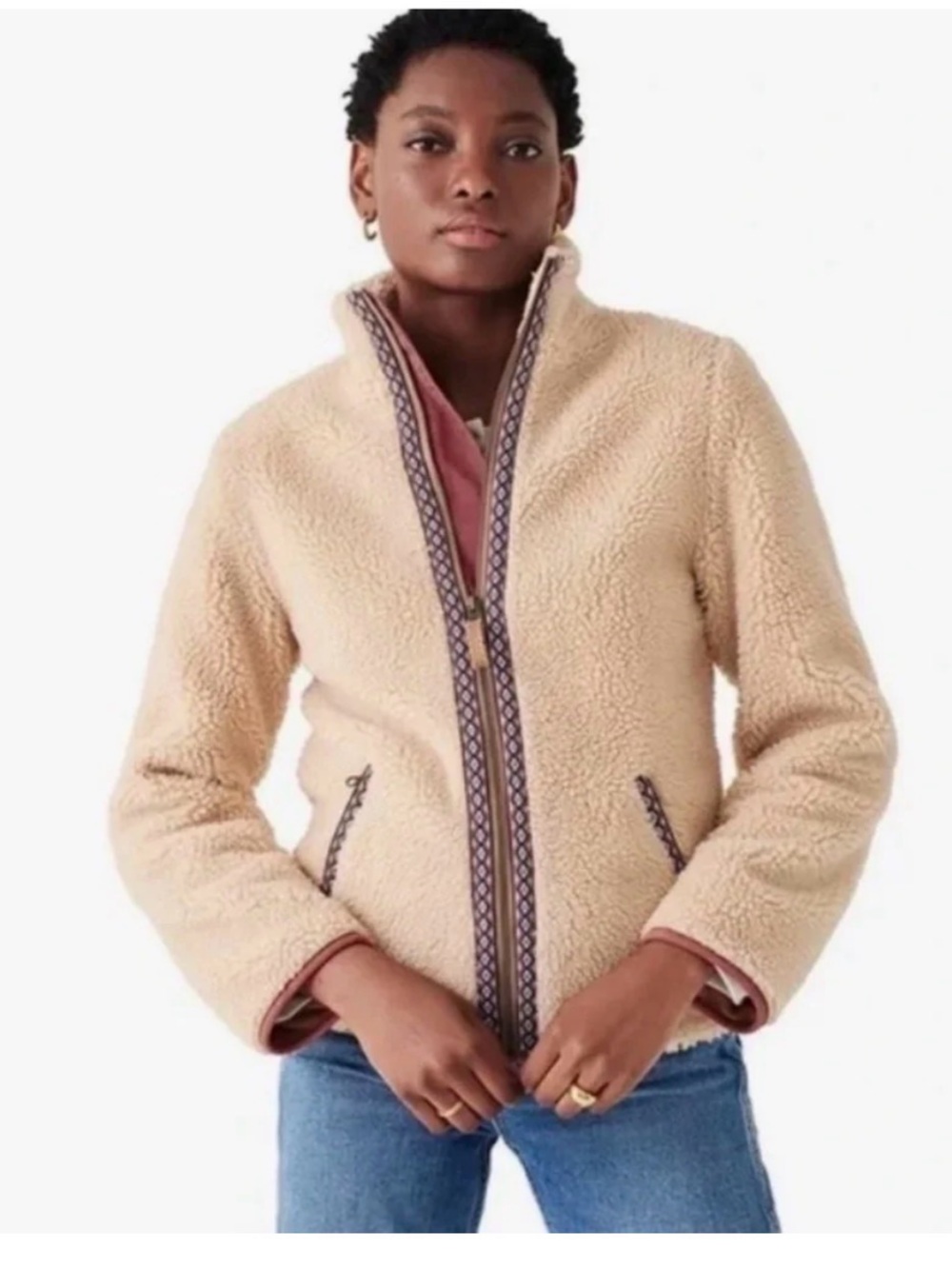 Faherty Cream Sherpa Zip Jacket with Brown Trim